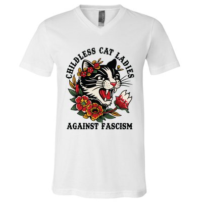 Childless Cat Ladies Against Fascism Feminist V-Neck T-Shirt