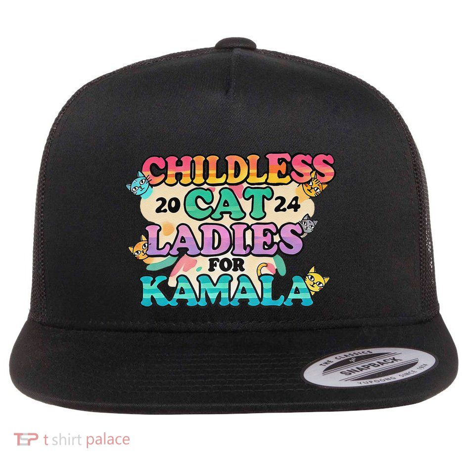 Childless Cat Lady Voting For Kamala President Flat Bill Trucker Hat