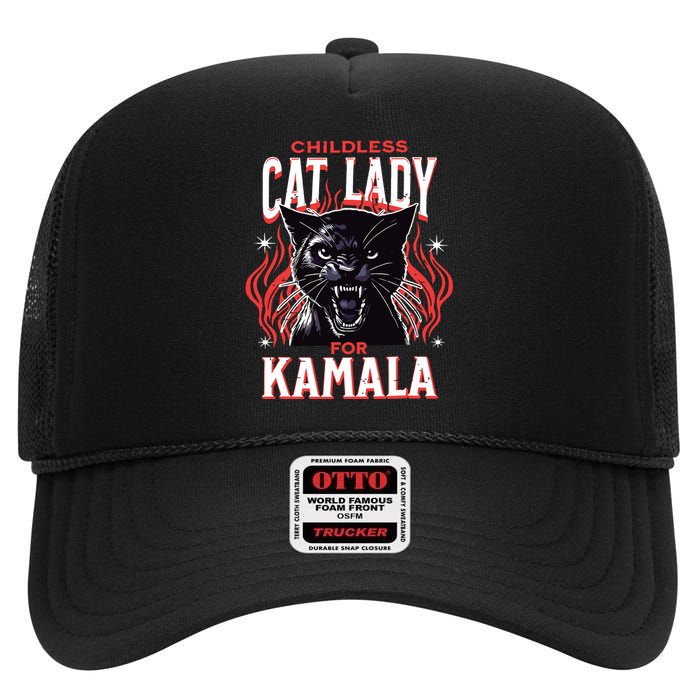 Childless Cat Lady For Kamala Harris 2024 President Election High Crown Mesh Back Trucker Hat