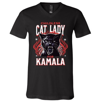 Childless Cat Lady For Kamala Harris 2024 President Election V-Neck T-Shirt