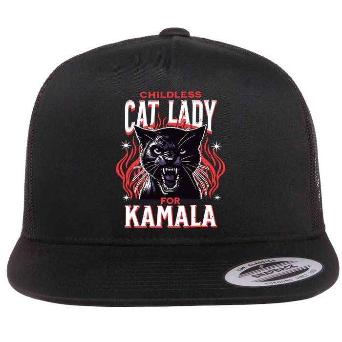 Childless Cat Lady For Kamala Harris 2024 President Election Flat Bill Trucker Hat