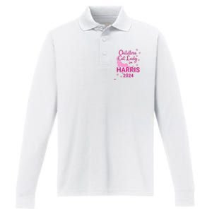 Childless Cat Lady For Harris 2024 Cat Lovers Kamala Harris 2024 Performance Long Sleeve Polo