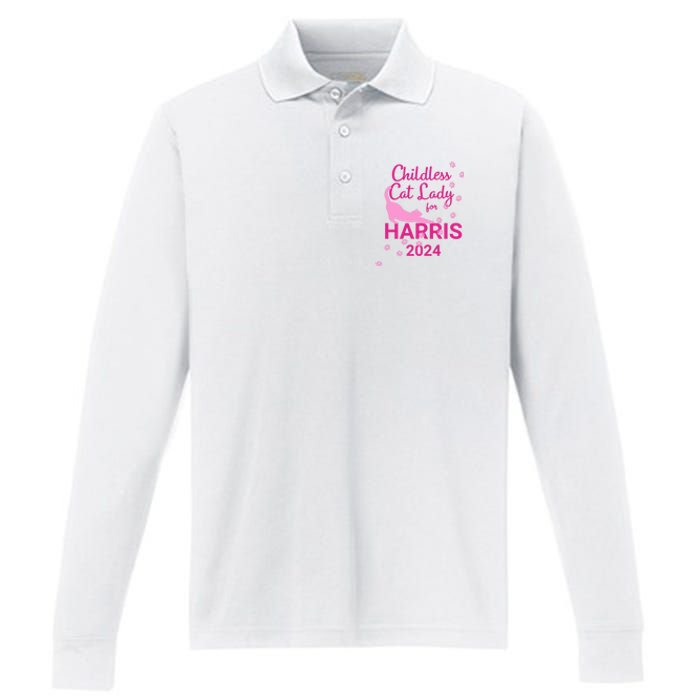 Childless Cat Lady For Harris 2024 Cat Lovers Kamala Harris 2024 Performance Long Sleeve Polo