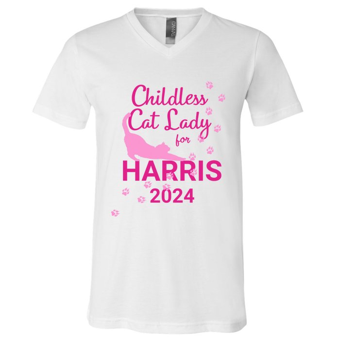 Childless Cat Lady For Harris 2024 Cat Lovers Kamala Harris 2024 V-Neck T-Shirt