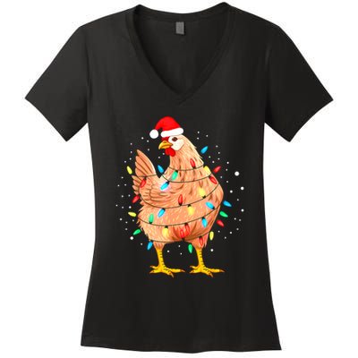 Chicken Christmas Lights Farm Animal Funny Xmas Women's V-Neck T-Shirt