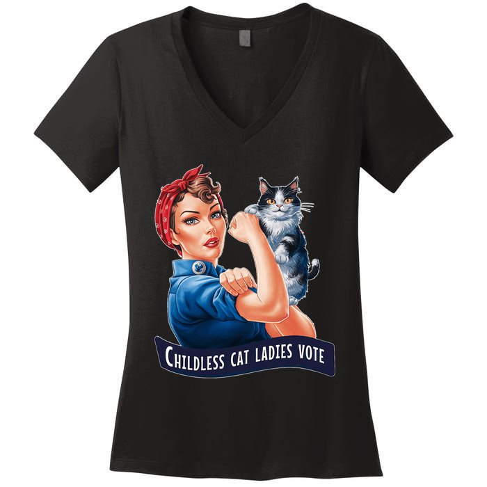 Childless Cat Ladies Vote Rosie The Riveter Women's V-Neck T-Shirt