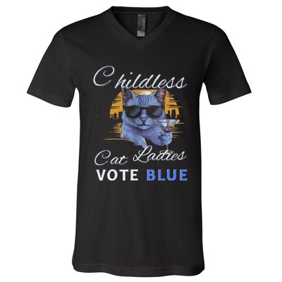 Childless Cat Ladies Vote Blue In November Kamala President Gift V-Neck T-Shirt