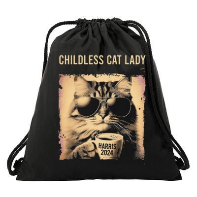 Childless Cat Lady Vintage Coffee Cat Gift Drawstring Bag