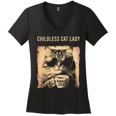 Childless Cat Lady Vintage Coffee Cat Gift Women's V-Neck T-Shirt