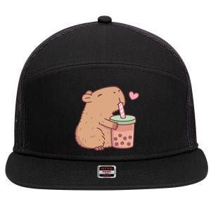 Cute Capybara Loves Bubble Tea 7 Panel Mesh Trucker Snapback Hat