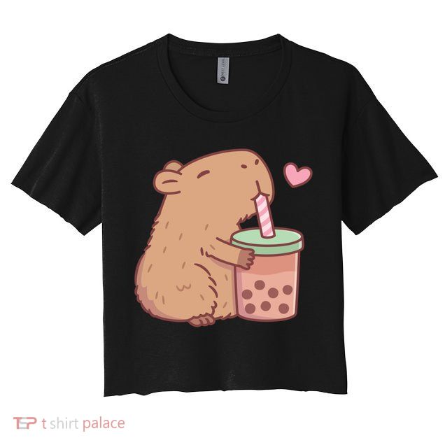 Cute Capybara Loves Bubble Tea Crop Top