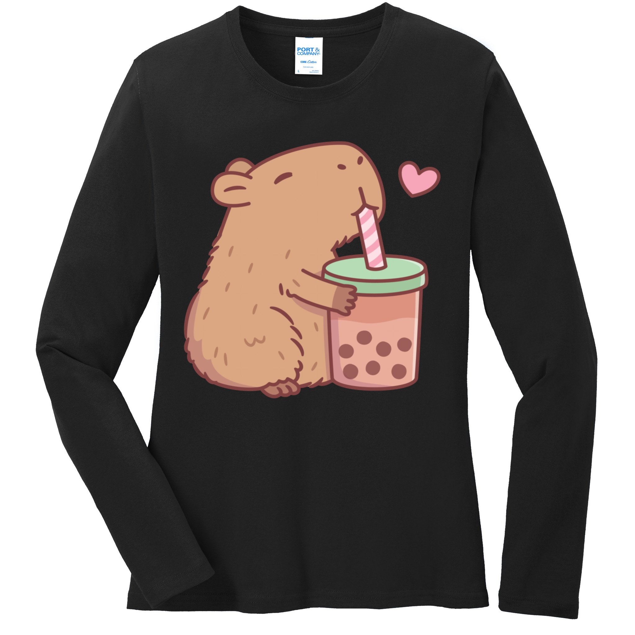 Cute Capybara Loves Bubble Tea Ladies Long Sleeve Shirt