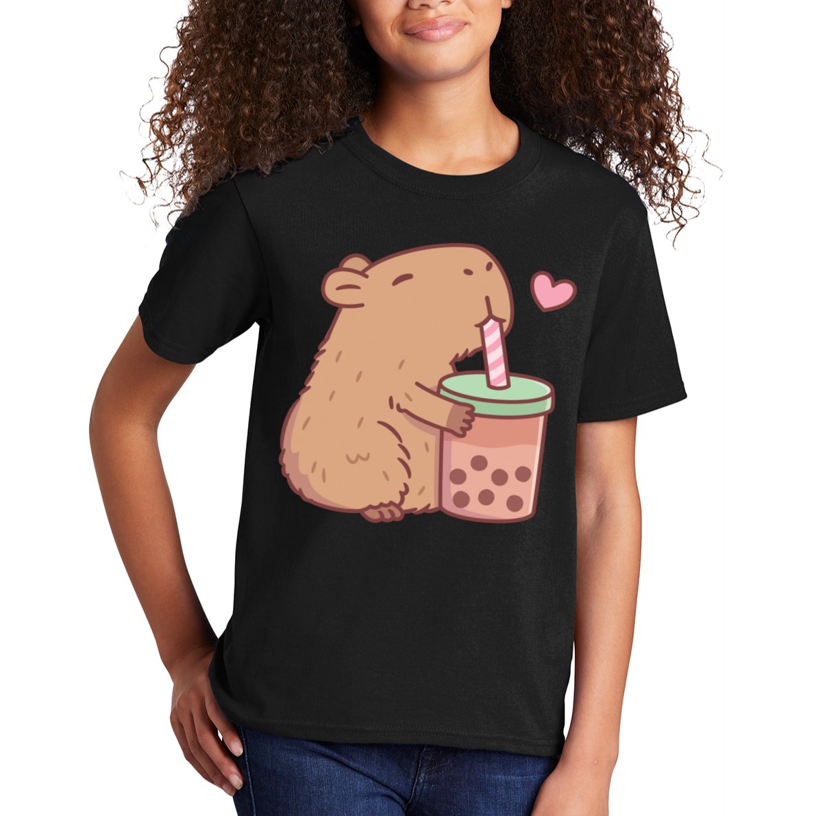 Cute Capybara Loves Bubble Tea Kids T-Shirt