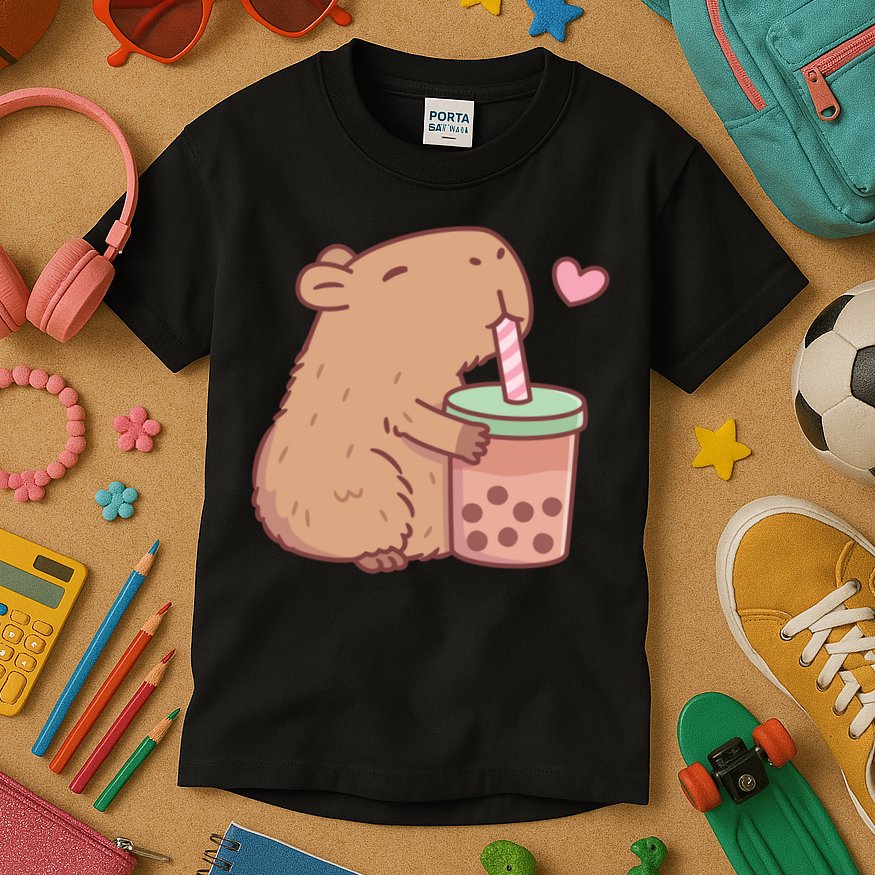 Cute Capybara Loves Bubble Tea Kids T-Shirt