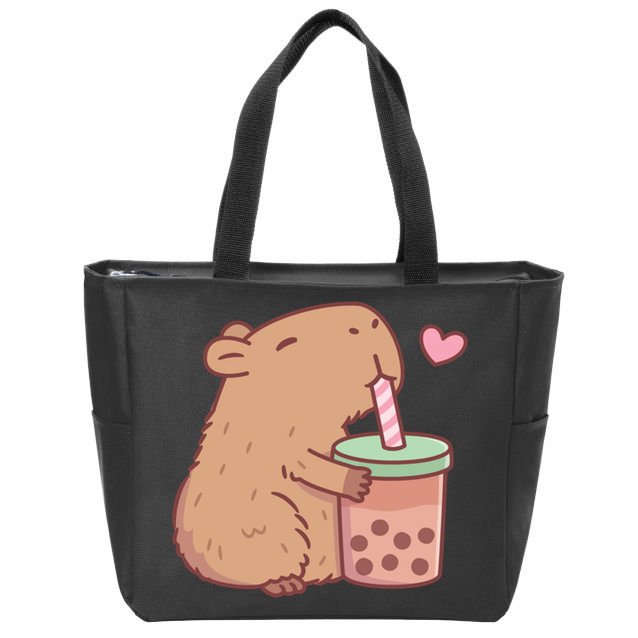 Cute Capybara Loves Bubble Tea Zip Tote Bag
