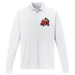 Christmas Cow Lights Red Truck Christmas Tree Performance Long Sleeve Polo