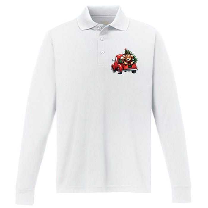 Christmas Cow Lights Red Truck Christmas Tree Performance Long Sleeve Polo