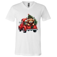 Christmas Cow Lights Red Truck Christmas Tree V-Neck T-Shirt