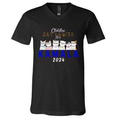 Childless Cat Ladies Vote For Kamala Harris 2024 Election V-Neck T-Shirt