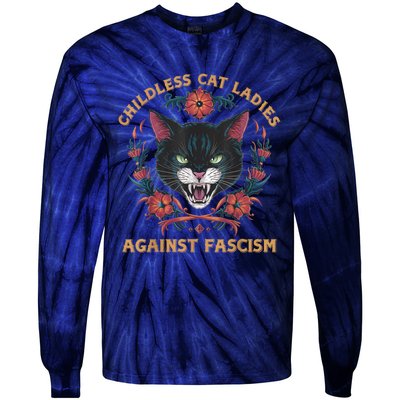 Childless Cat Lady Ladies Against Fascism Kamala 2024 Tie-Dye Long Sleeve Shirt