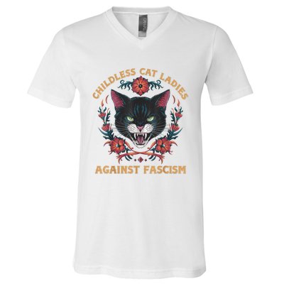 Childless Cat Lady Ladies Against Fascism Kamala 2024 V-Neck T-Shirt