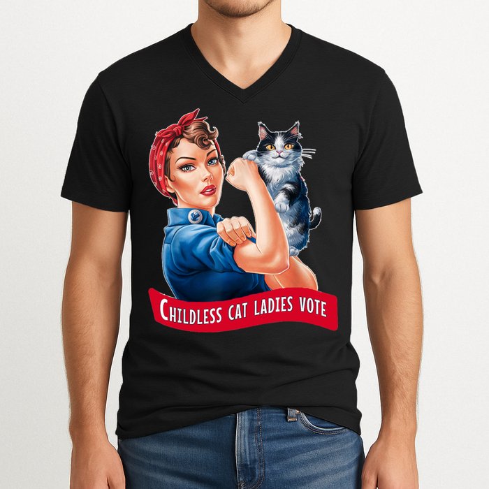 Childless Cat Ladies Vote Rosie The Riveter V-Neck T-Shirt