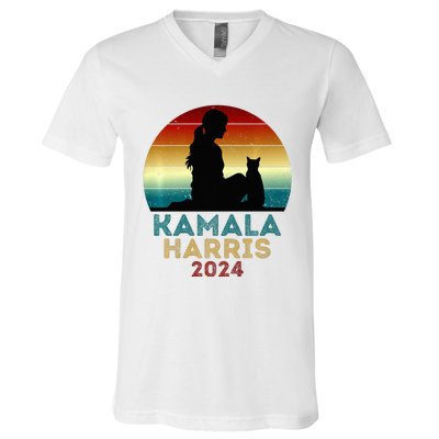 Childless Cat Lady For Kamala Harris President 2024 Election V-Neck T-Shirt