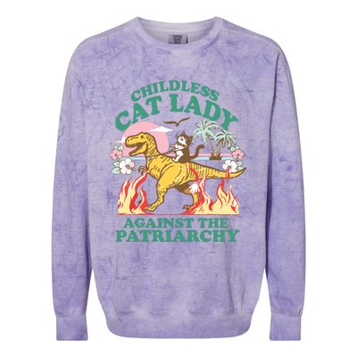 Childless Cat Lady Against The Patriarchy Cat Riding Dino Colorblast Crewneck Sweatshirt