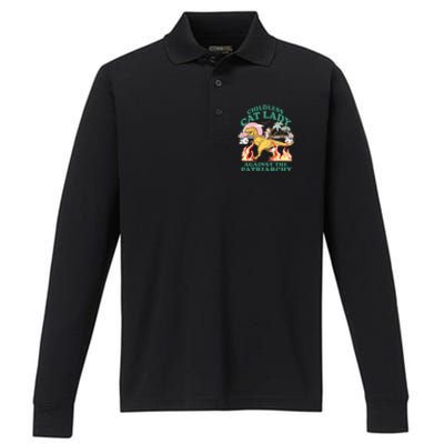 Childless Cat Lady Against The Patriarchy Cat Riding Dino Performance Long Sleeve Polo