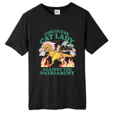 Childless Cat Lady Against The Patriarchy Cat Riding Dino Tall Fusion ChromaSoft Performance T-Shirt