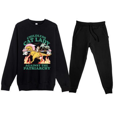 Childless Cat Lady Against The Patriarchy Cat Riding Dino Premium Crewneck Sweatsuit Set