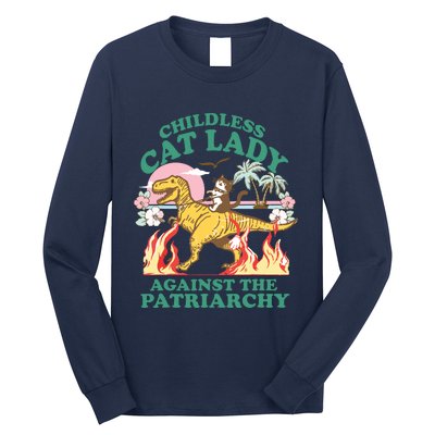 Childless Cat Lady Against The Patriarchy Cat Riding Dino Long Sleeve Shirt