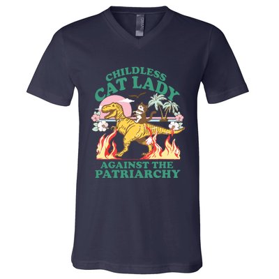 Childless Cat Lady Against The Patriarchy Cat Riding Dino V-Neck T-Shirt