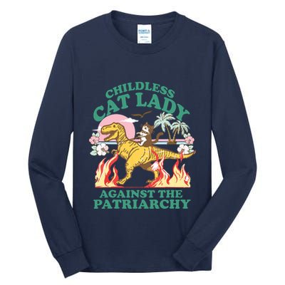 Childless Cat Lady Against The Patriarchy Cat Riding Dino Tall Long Sleeve T-Shirt