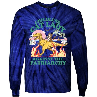 Childless Cat Lady Against The Patriarchy Cat Riding Dino Tie-Dye Long Sleeve Shirt