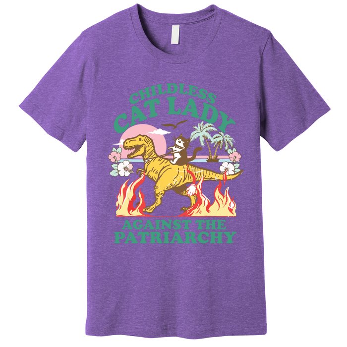 Childless Cat Lady Against The Patriarchy Cat Riding Dino Premium T-Shirt