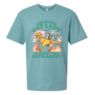 Childless Cat Lady Against The Patriarchy Cat Riding Dino Sueded Cloud Jersey T-Shirt