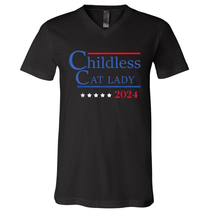 Childless Cat Lady 2024 Ladies Is Voting Kamala V-Neck T-Shirt