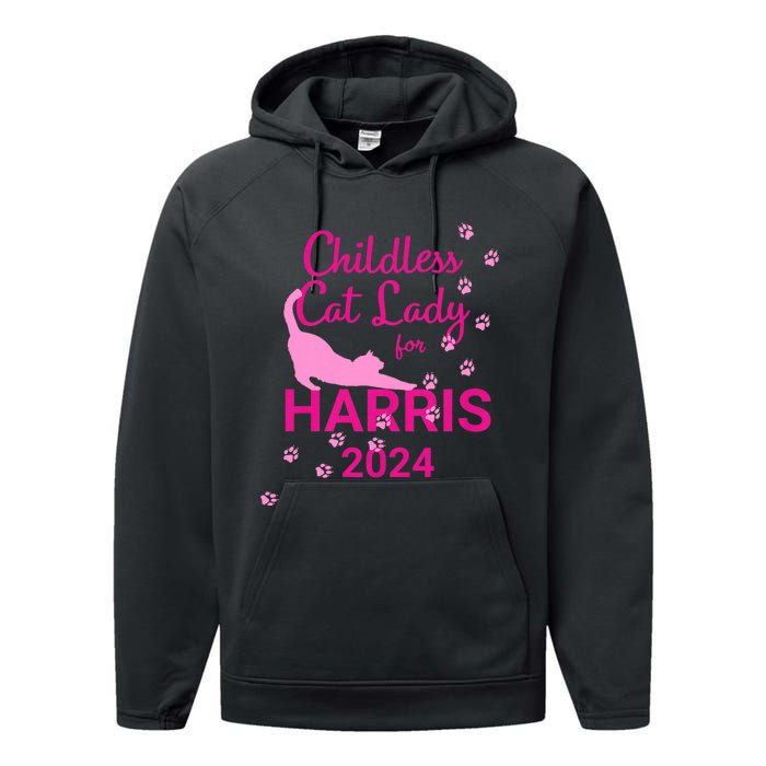 Childless Cat Lady For Harris 2024 Performance Fleece Hoodie