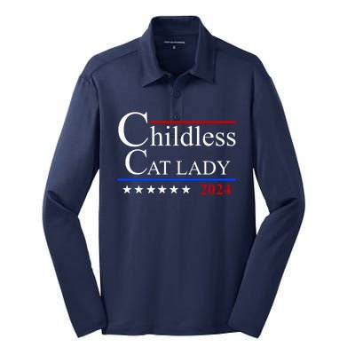 Childless Cat Lady 2024 Funny Kamala Harris Silk Touch Performance Long Sleeve Polo