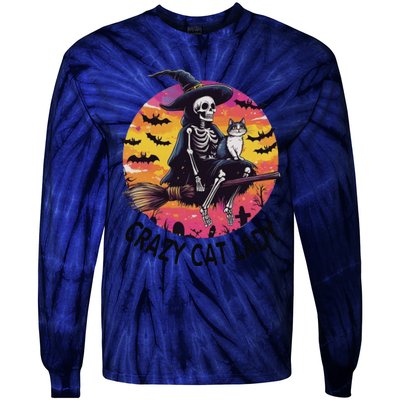 Crazy Cat Lady Funny Witch Halloween Spooky Tie-Dye Long Sleeve Shirt