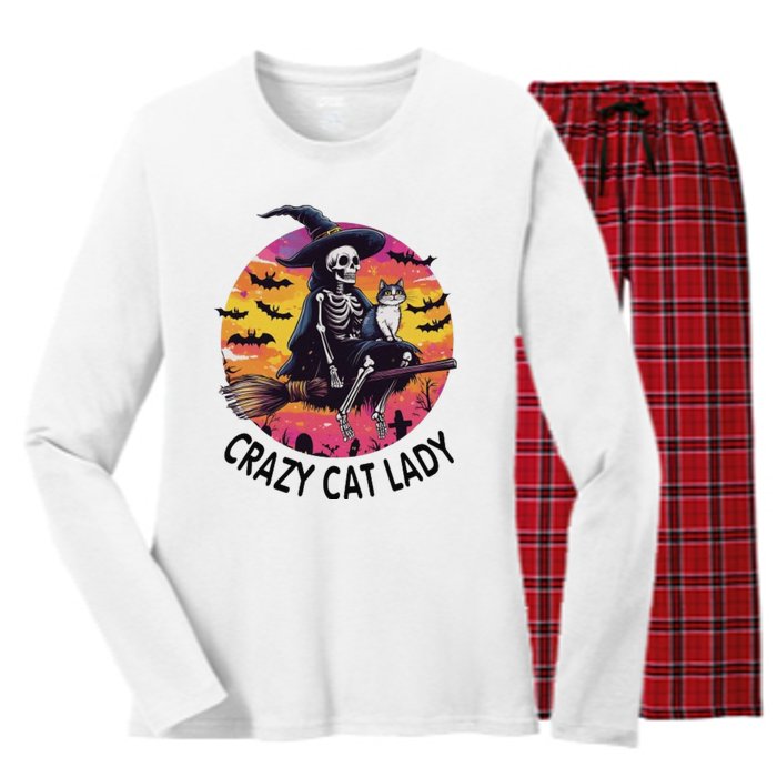 Crazy Cat Lady Funny Witch Halloween Spooky Women's Long Sleeve Flannel Pajama Set 