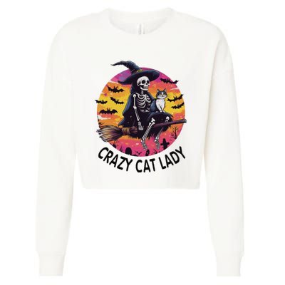 Crazy Cat Lady Funny Witch Halloween Spooky Cropped Pullover Crew