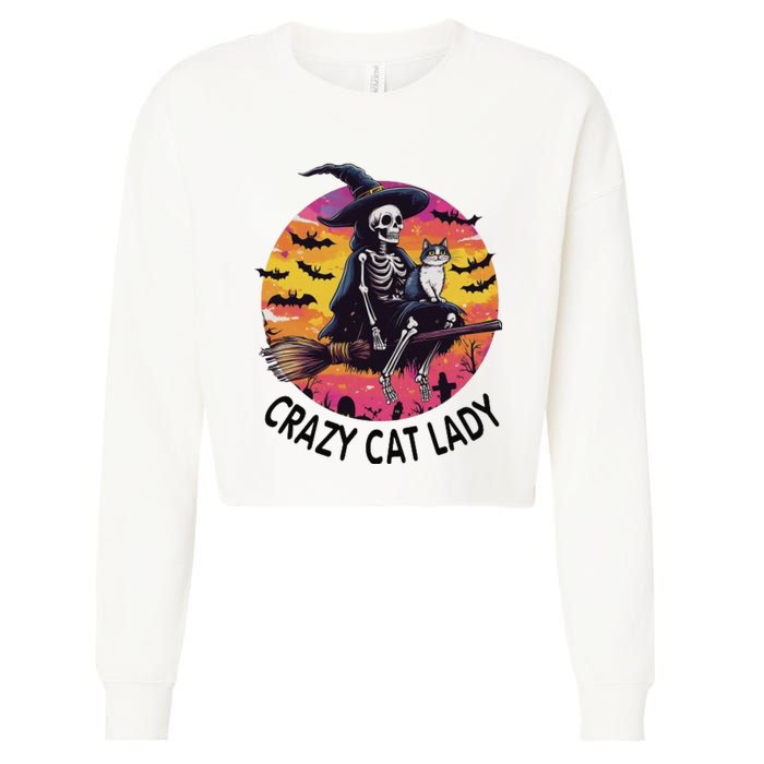 Crazy Cat Lady Funny Witch Halloween Spooky Cropped Pullover Crew