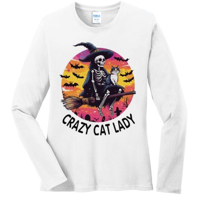 Crazy Cat Lady Funny Witch Halloween Spooky Ladies Long Sleeve Shirt