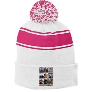 California Cali Life Los Angeles San Francisco Stripe Pom Pom Beanie