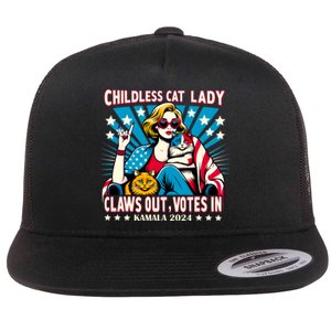 Childless Cat Lady Claws Out Votes In Kamala Harris Graphic Flat Bill Trucker Hat