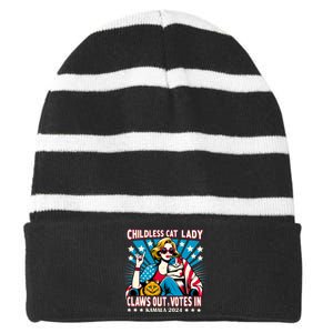 Childless Cat Lady Claws Out Votes In Kamala Harris Graphic Striped Beanie with Solid Band