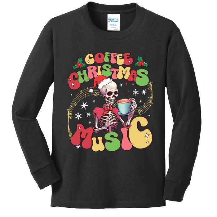 Coffee Christmas Music Skeleton Christmas Holiday Kids Long Sleeve Shirt