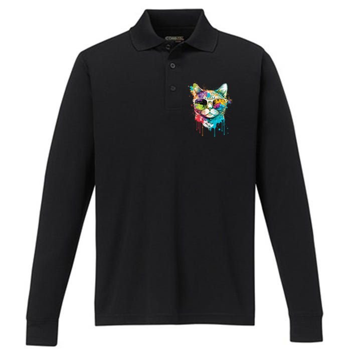 Cute Cat Motif Pop Art Cat Performance Long Sleeve Polo